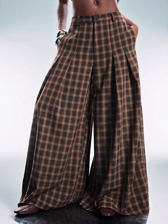 Pants - Multicolor Casual Women's Plaid Zipper Fly Pocket Loose Wide Leg Long Pants
